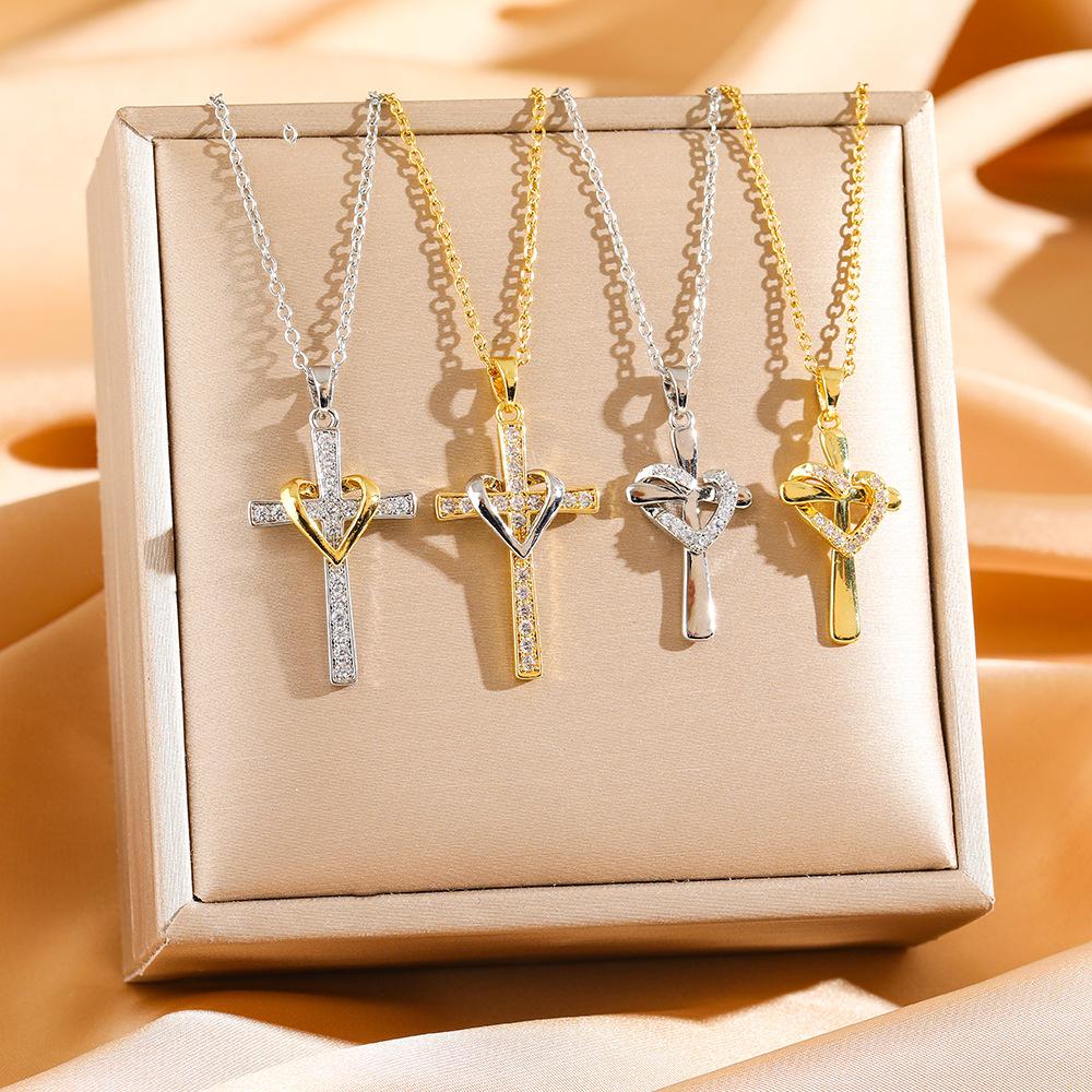 Trendy Ins Style Small Cross Pendant Necklace with Gold Plated Heart and Zircon for Women