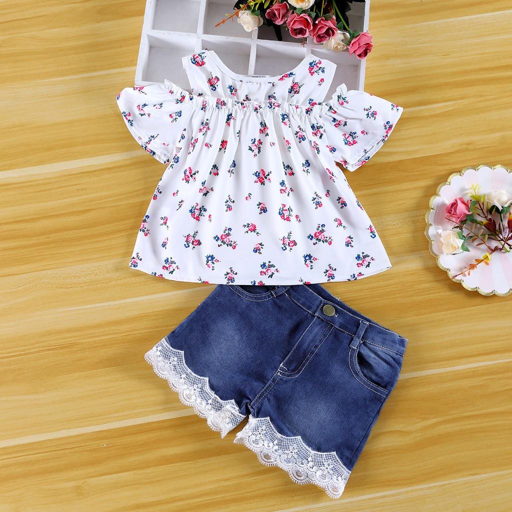 

Комплекты одежды из топа с открытыми плечами и принтом для новорожденных девочек, рубашка + джинсовые брюки, комплекты одежды 110 белый