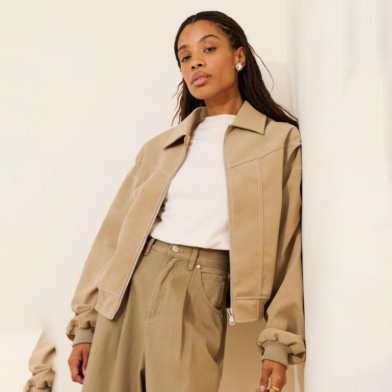 Vintage Faux Leather Jacket Loose Drop Shoulder Zip Up Streetwear Cropped Coat Women