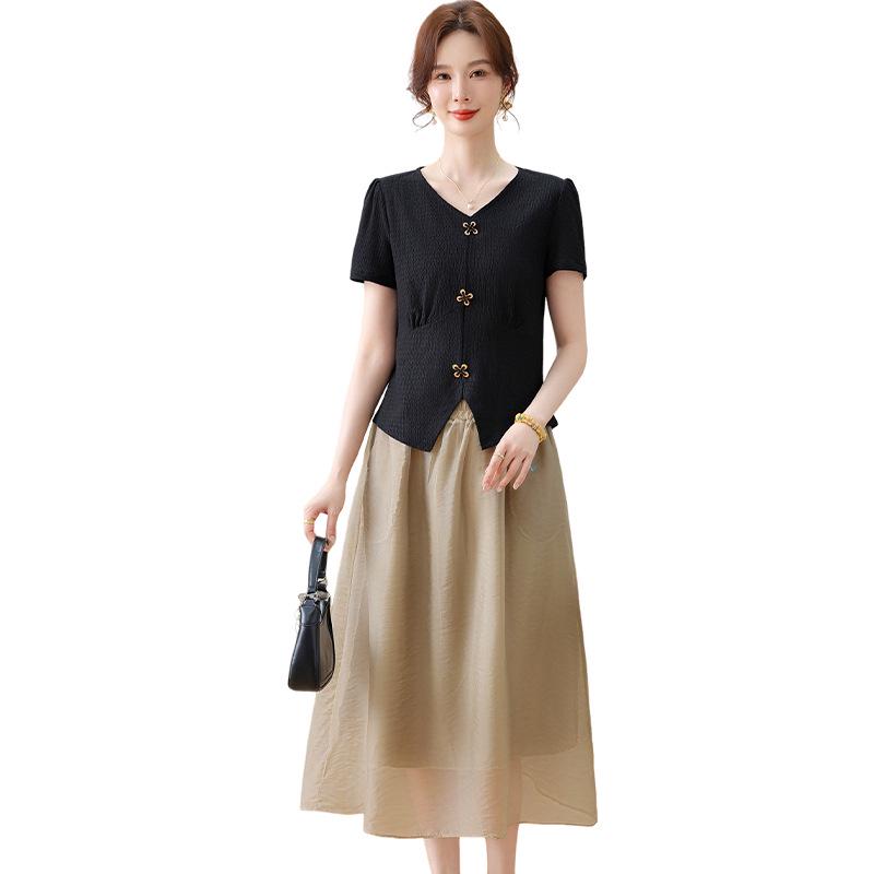 2026 Stylish Summer Dress Set for Middle-Aged and Elderly Women - Plus Size Short Sleeve Outfit