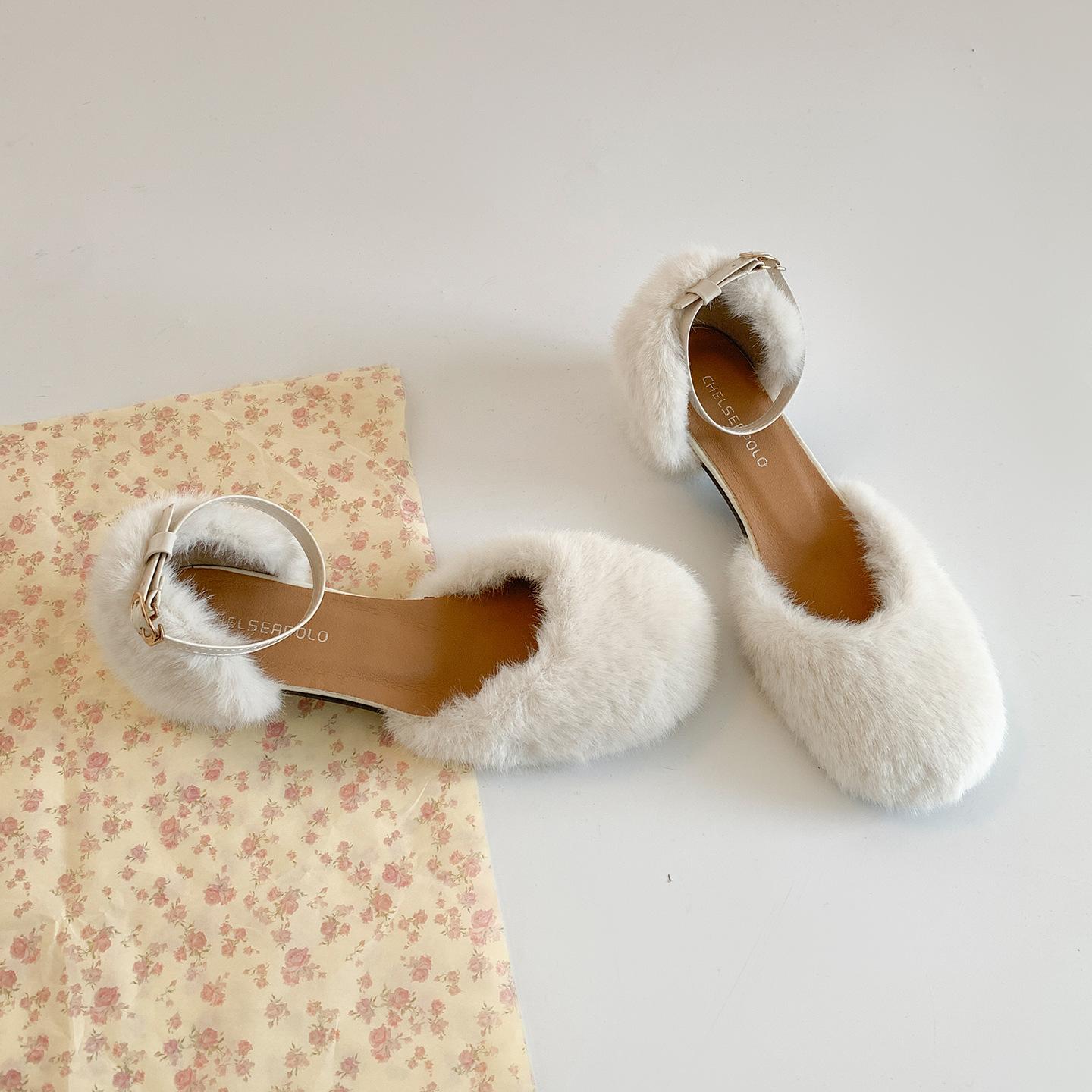 

Retro black thick heel heightening fluffy shoes for women s outer wear 2025 new autumn skirt versatile Mary Jane shoes 39 бежевый