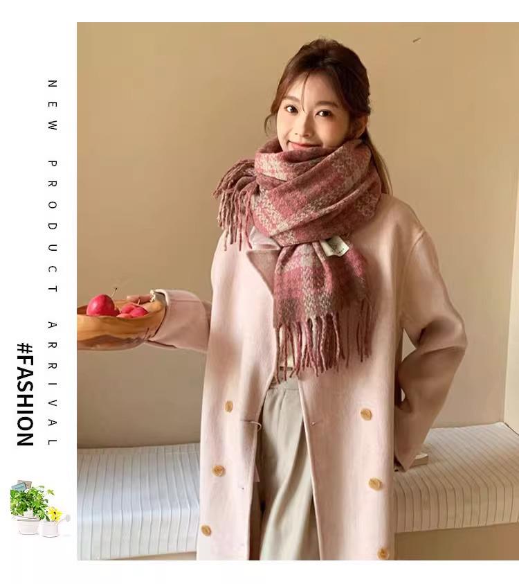 Korean Style Thick Pink Plaid Scarf for Women - Autumn/Winter Neck Warmer