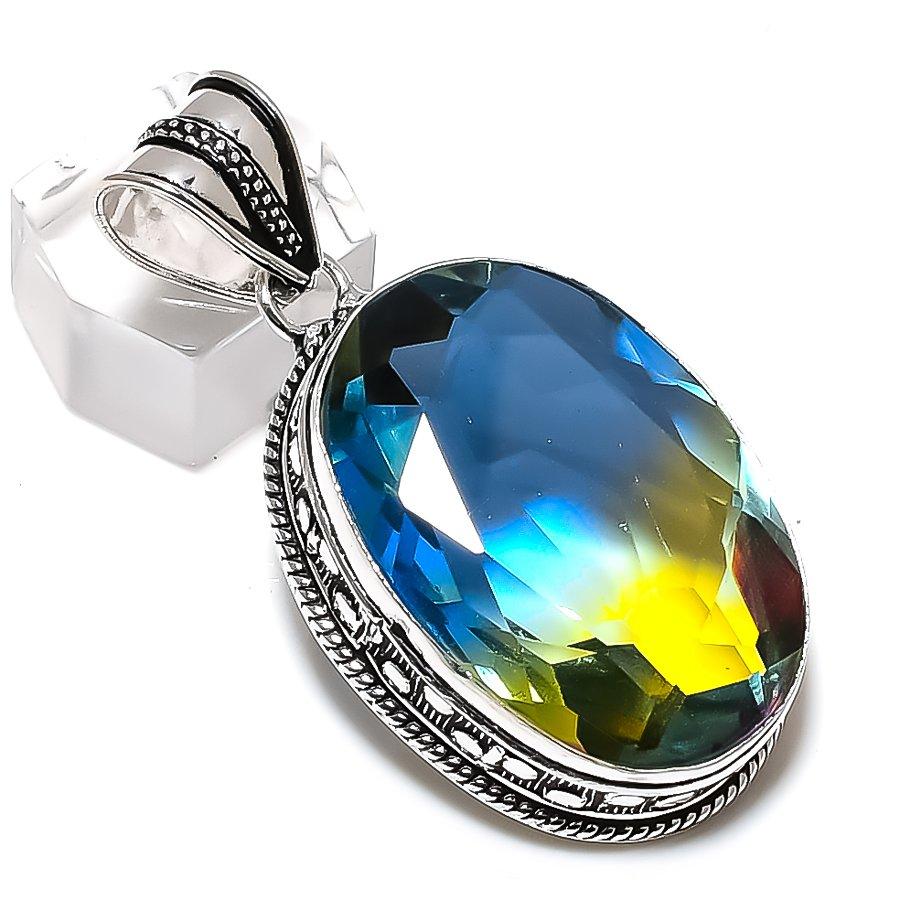 Bi-Color Tourmaline Gemstone Handmade 925 Sterling Silver Pendant 2.09" T9q68