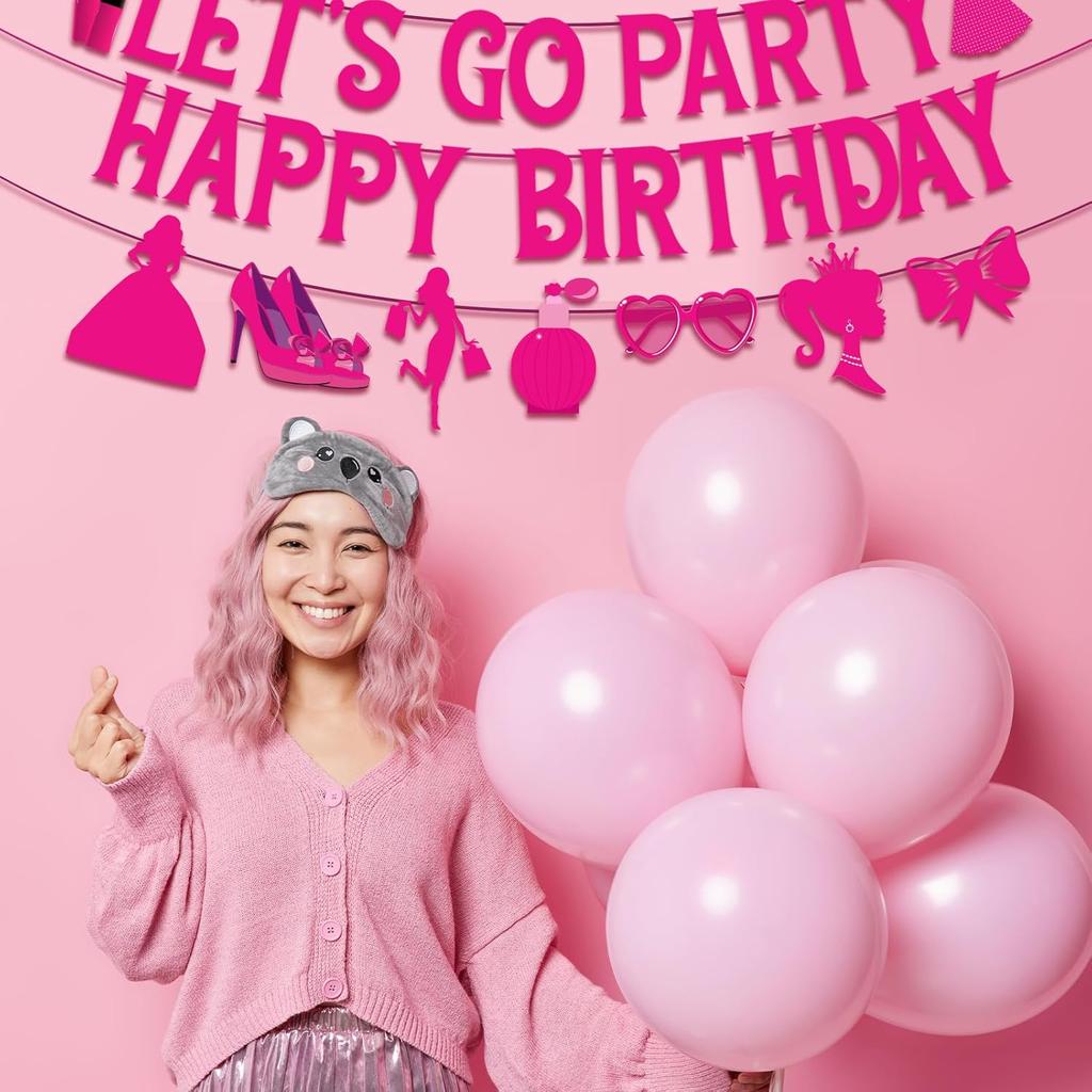 Let's Go Party Happy Birthday Banners for Women, Hot Pink Princess Banners for Girl Doll Theme Party Ladies Birthday, Cute Photo Backdrop, 21st Bday