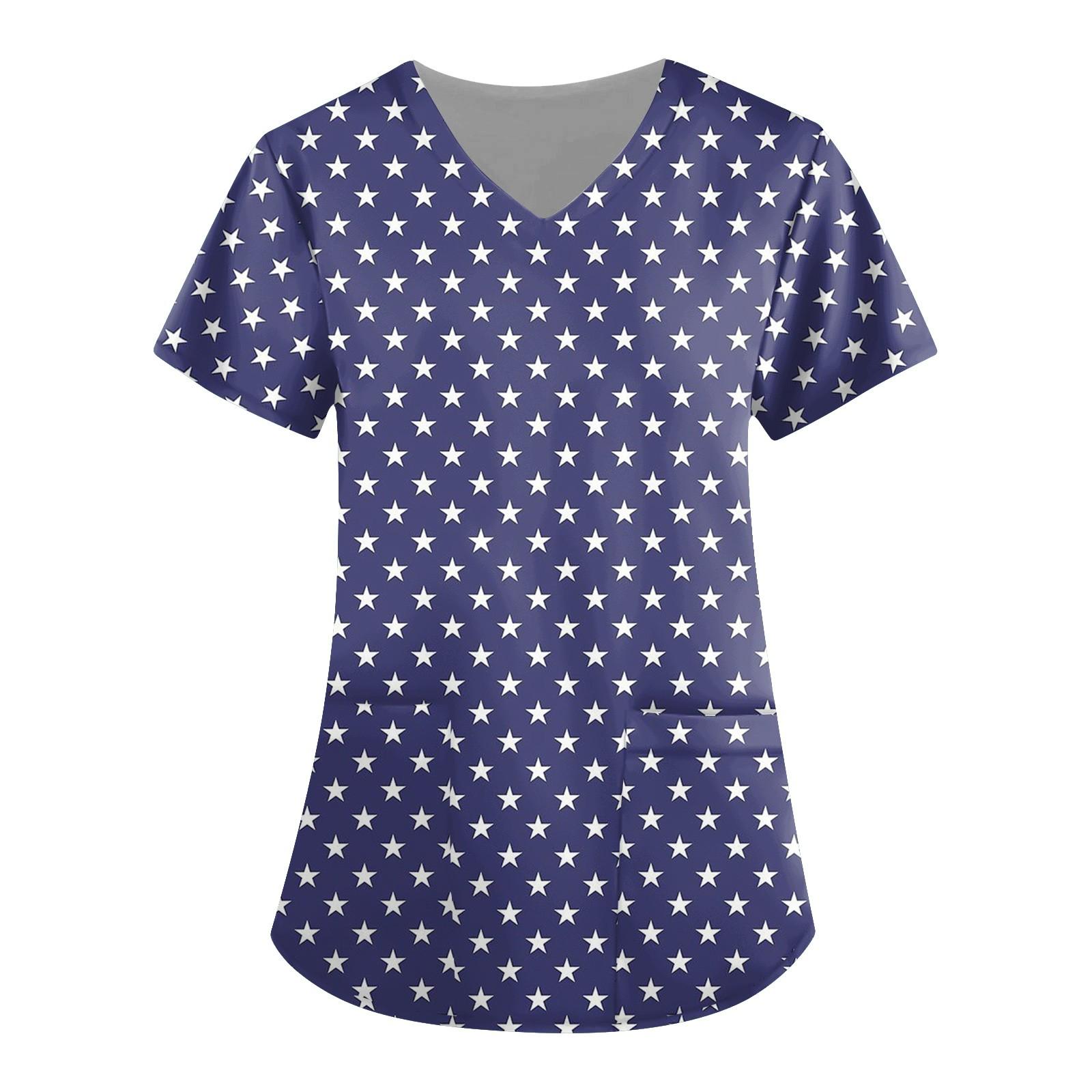 

Женские топы с короткими рукавами и v-образным вырезом с принтом, рабочая блузка с карманами и принтом ко Дню независимости L