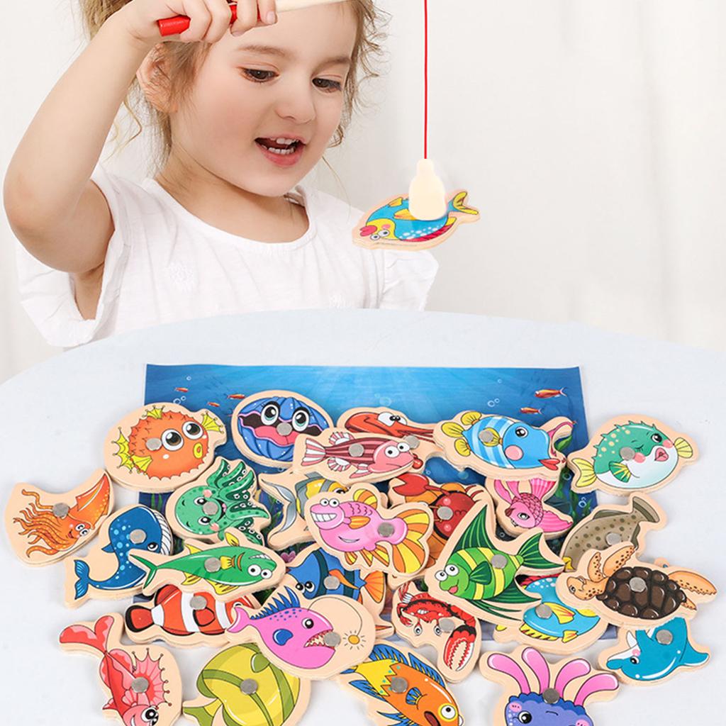 Wooden Magnetic Fishing Game Fine Motor Skill Magnet Fish Catching Counting Toy for Preschool