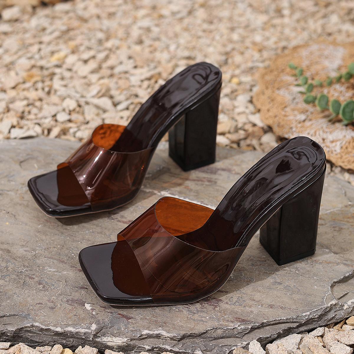 

2025 new large size foreign trade women s shoes Roman style square head one-character thick heel high heels slippers Amazon 35 коричневий