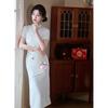 New Chinese-style white retro-style embroidered cheongsam dress, elegant temperament, daily wear dress, engagement certificate dress
