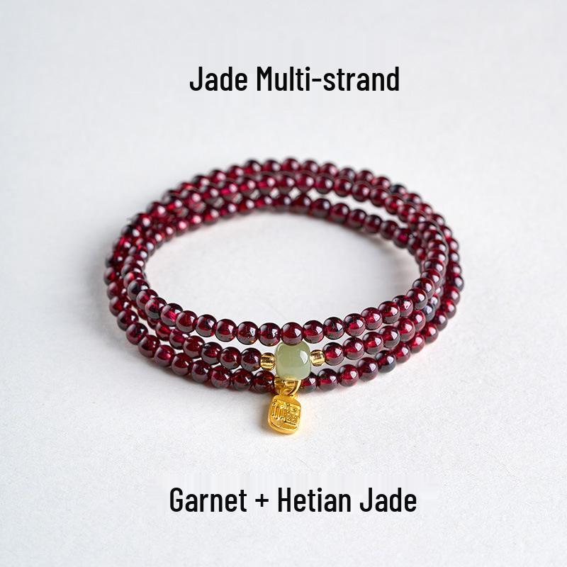 Exquisite Chinese-Style Red Garnet & Hetian Jade Bracelet with Luck Fu Character for Women