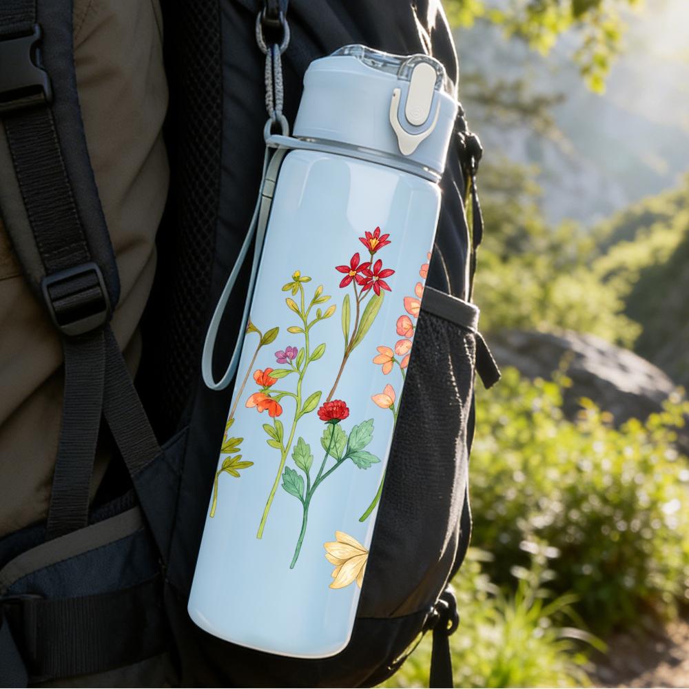 1PC Wildflower Meadow 750ml Color Plastic Sports Water Bottle Leakproof Flip Straw Lid Suitable for Sports Office Home Use