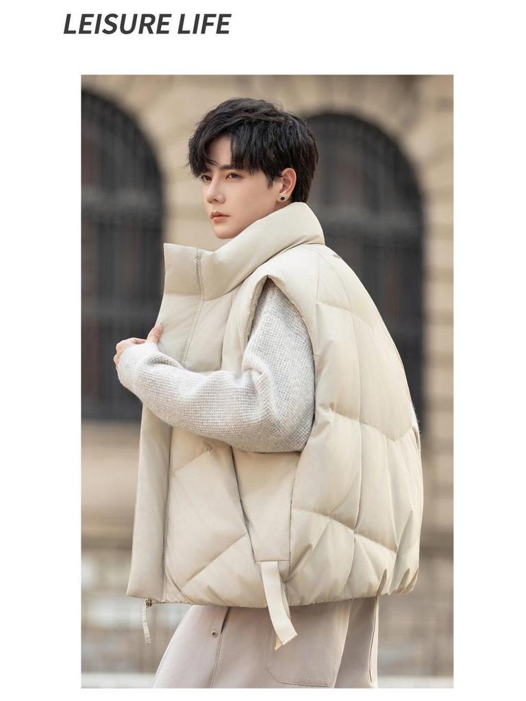 Trendy 2025 Stand-Up Collar Men's Thickened Down Vest - Casual Winter Puffer Outerwear with High-End Style