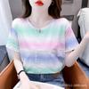 Women Summer Short Sleeve O Neck Gradient Color Letter Printed Fashion Cotton T Shirt Top
