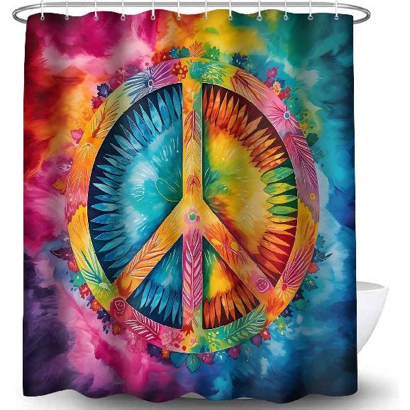 Peace Symbol Shower Curtain, 72x72 inch Polyester, Colorful Watercolor Tie Dye Hippie Peace Sign Bathroom Shower Curta Decor Set with 12 Hooks