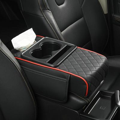 PU Leather Armrest Pad with Cup Holder Tissue Box Car Center Console Height Increasing Armrest Cushion Car Armrest Pillow