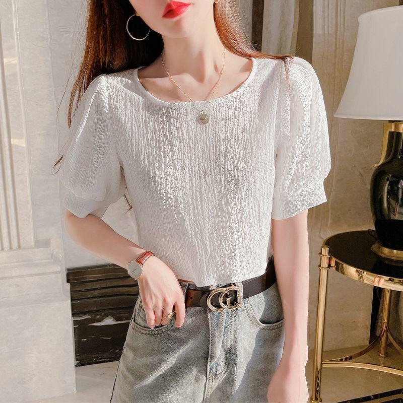 

Женская блузка из французского шифона с пышными рукавами - с коротким рукавом, милый укороченный топ с завышенной талией для лета S (85-100 jin) белый