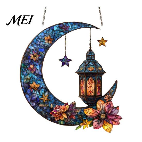 Colorful Glass Suncatcher 2D Acrylic Star Moon Lantern Suncatcher, Crescent Window Hanging Ornament Decoration for Home, Patio, Garden, Ramadan Decor,