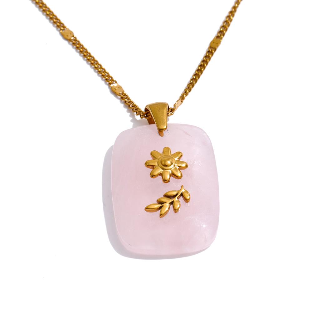 Yhpup Natural Stone Amazonite Amethyst Pink Quartz Star Moon Rectangle Pendant Necklace Stainless Steel French Jewelry Gift