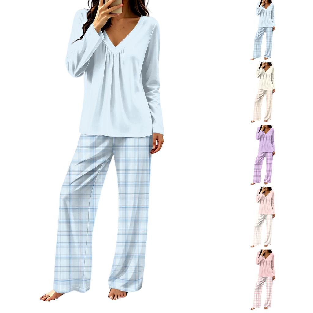 Women's Casual V-Neck Printed Pajama Set with Loose Fit Top and Pants for Sleep and