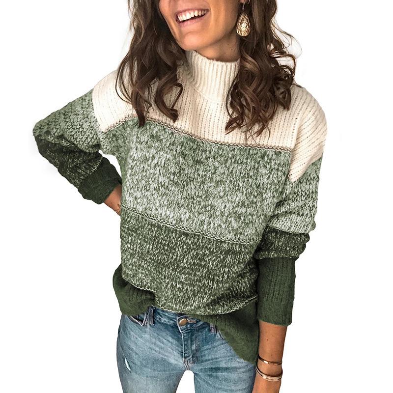 

2026 New Women s Color Block Sweater, Striped High Neck Knit Top, Long Sleeve Casual Pullover for Autumn Winter 3XL темно-зелений колір