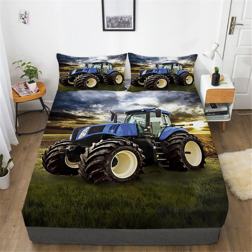 3D Tractor Fitted Sheet Kids Farm Equipment Trucks Bedding Set for Boys, Tractors Vehicles Bed Sheet Set Breathable Bed Cover