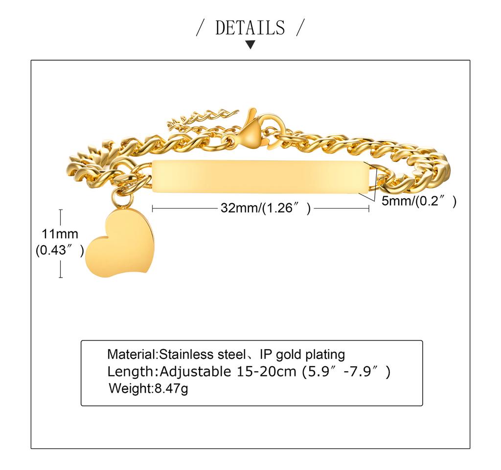Customized ID Bracelet for Women, Stainless Steel Heart Bracelet,engraved Personalized Frienship Valentine's Day Gift