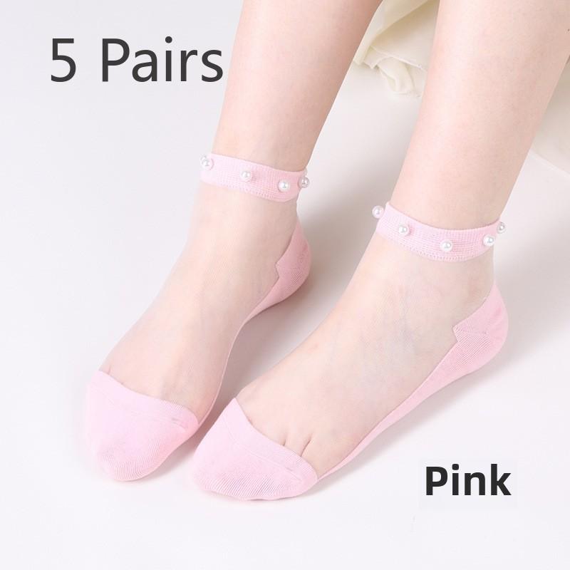 5 Pairs Pearl Socks Women's Socks Light Lace Summer Thin Mesh Transparent Glass Silk Crystal Socks