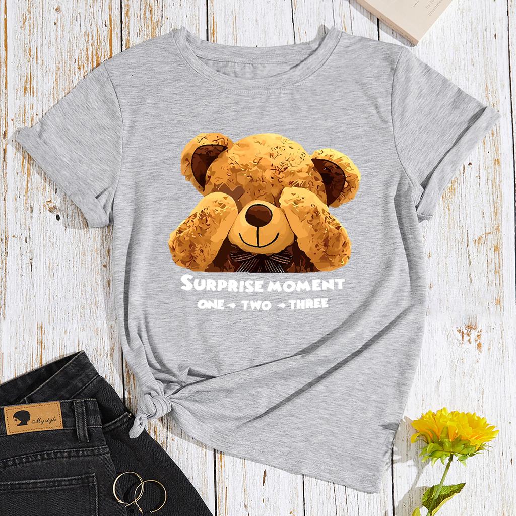 BEAR Pattern Cotton T-Shirt Short Sleeve Round Neck Women 2d Print Tops