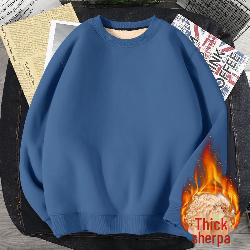 Men's Fleece-Lined Round Neck Sweatshirt, Thick Pullover, Long Sleeve, Hoodless, Large Size, Warm.