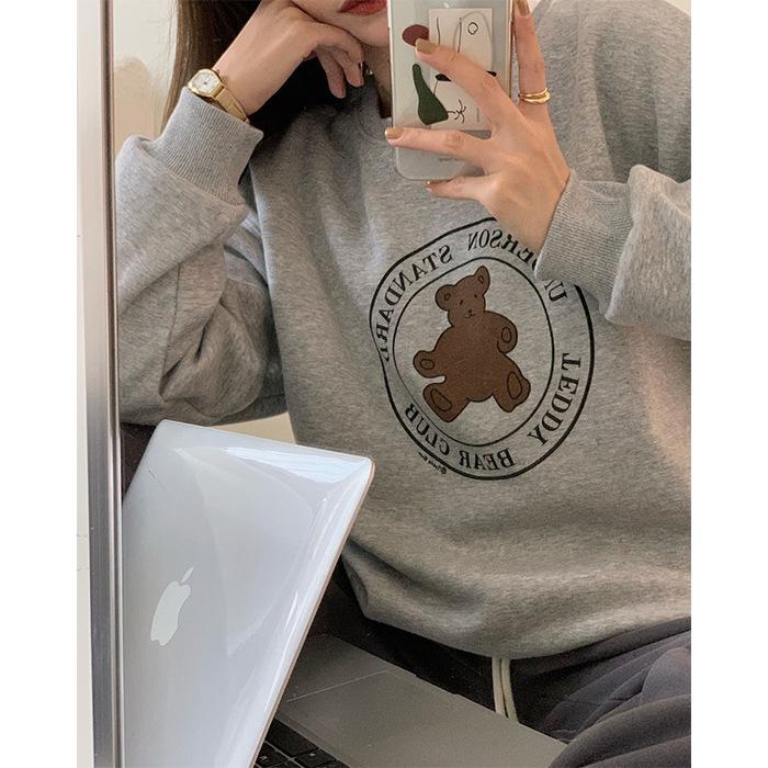 Fleece and thickened bear crew neck sweater women's 2025 new American retro loose pullover casual tide