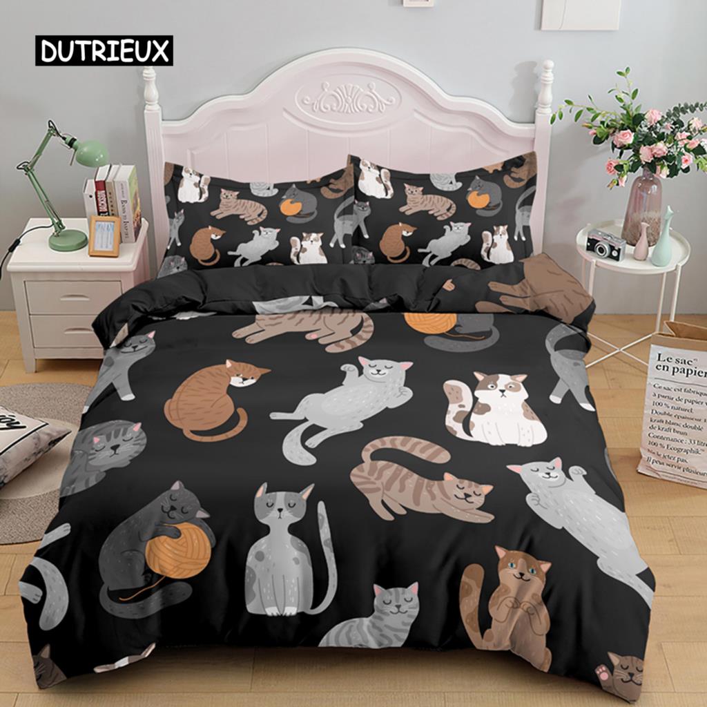 Cat Duvet Cover Set Digital Different Color Cartoon Cute Cat Bedding Set Bedclothes Double Queen King Size Polyester Qulit Cover