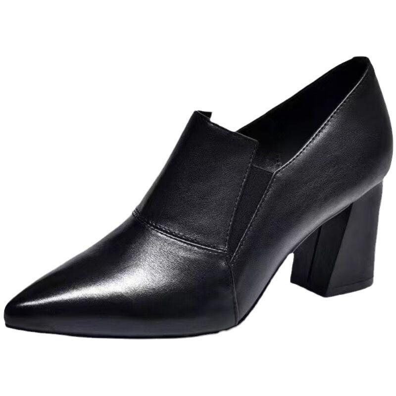 Fashion Spring and Autumn New Thick Heeled Women Shoes Fashion Black Pointed Toe Comfortable Shallow Mouth Slip on Pumps Single Shoes