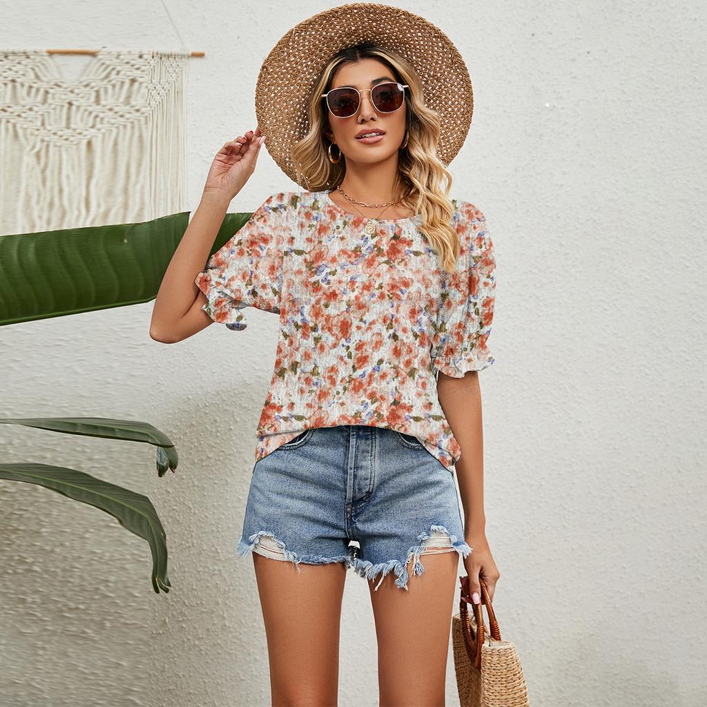 Summer Women's Floral Top 2023 Loose Full Round Neck Pullover T-shirt