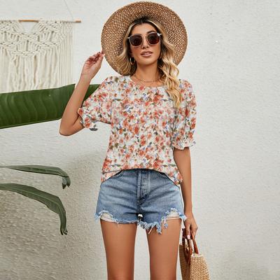 Summer Women's T-shirt Shirt Floral Tops Loose Round Neck Pullover T-shirt
