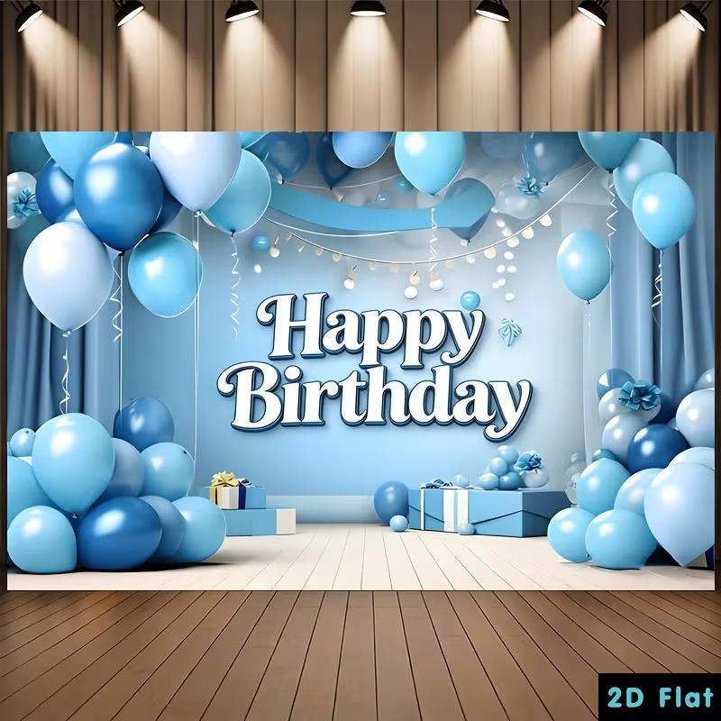 2D Cool Blue Happy Birthday Backdrop Banner with Balloon and Curtain Design