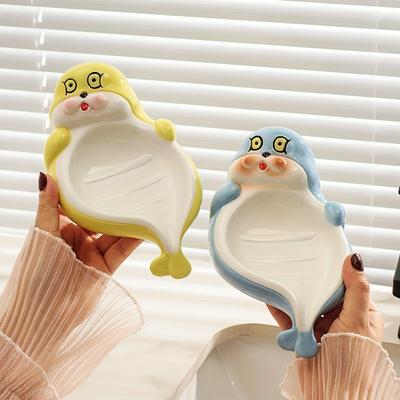 1 Adet Karikatür Mühür Sabun Kutusu Seramik Sabunluk Süzgeçli, Banyo veya Tuvalet Tezgahı İçin Sevimli Dikdörtgen Tasarım, Ev Kullanımı İçin Yaratıcı Raf