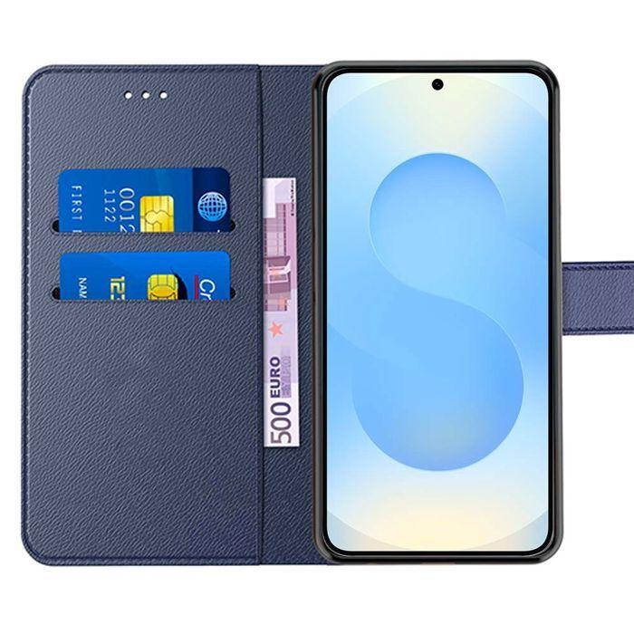 Coque de protection - BOOLING - pour Samsung Galaxy S25 - Effet Cuir Bleu Marine - 2 Verres Trempés - Antichoc