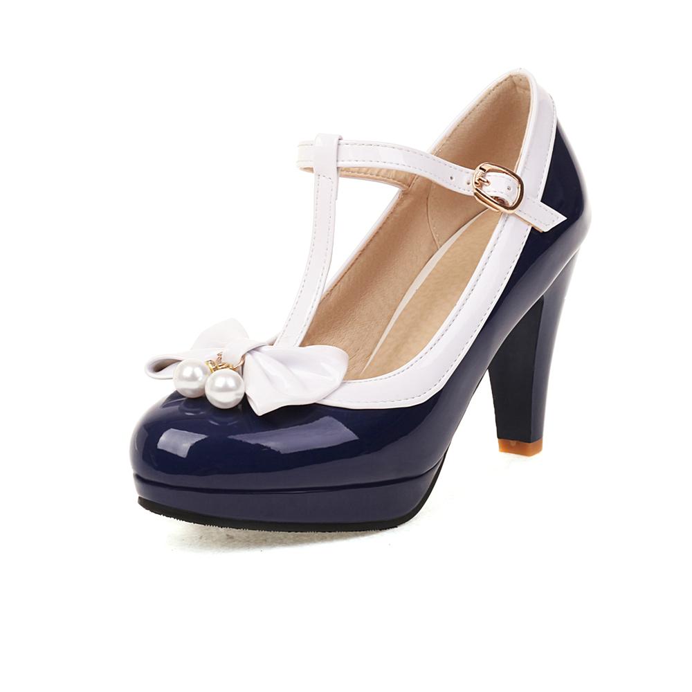 Fashion Women T Strap Lolita Mary Jane Shoes Woman Platform High Heels Red White Bowtie Ladies Summer Spike Heel Pumps Party Dress Shoes