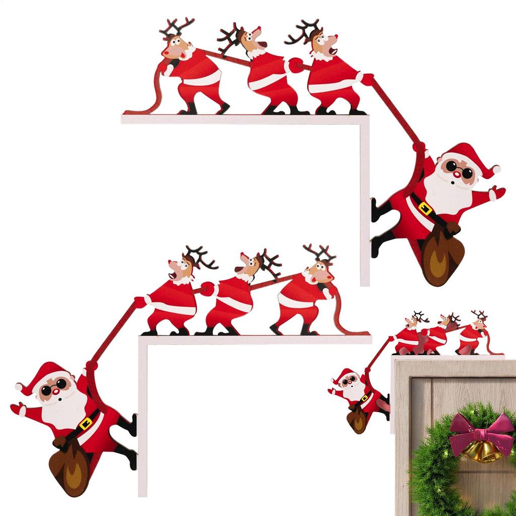 2PCS 3D Christmas Door Decor, Santa Reindeer Wood Corner Ornament Set, Festive Hanging Decoration for Home Fireplace Cabinet