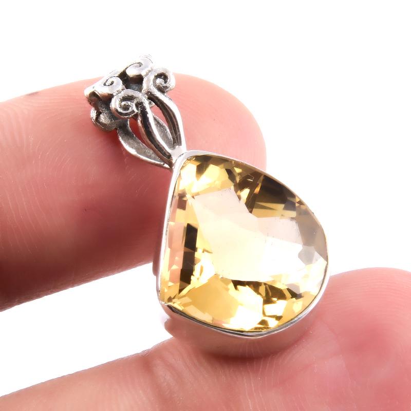 Natural Citrine Gemstone 925 Solid Sterling Silver Gift Jewelry Pendant 1'' W0W56