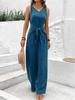 Women Sleeveless V Neck Front Tie Jumpsuit Solid Color Casual Loose Fit Summer Romper
