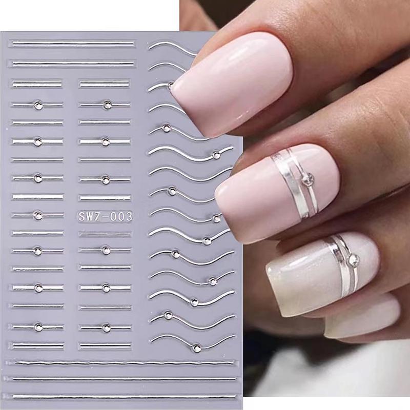 French Tips Nail Sticker 5D Embossed Crystal French Nail Decals Gold Silver Black Line Design Adhesive Slider Nails Art