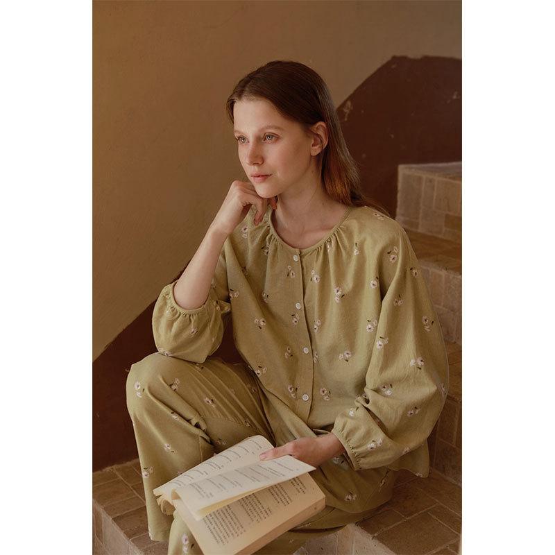 Autumn new women's cotton abraded crew neck cardigan type printed pajamas long sleeves trousers loungewear set