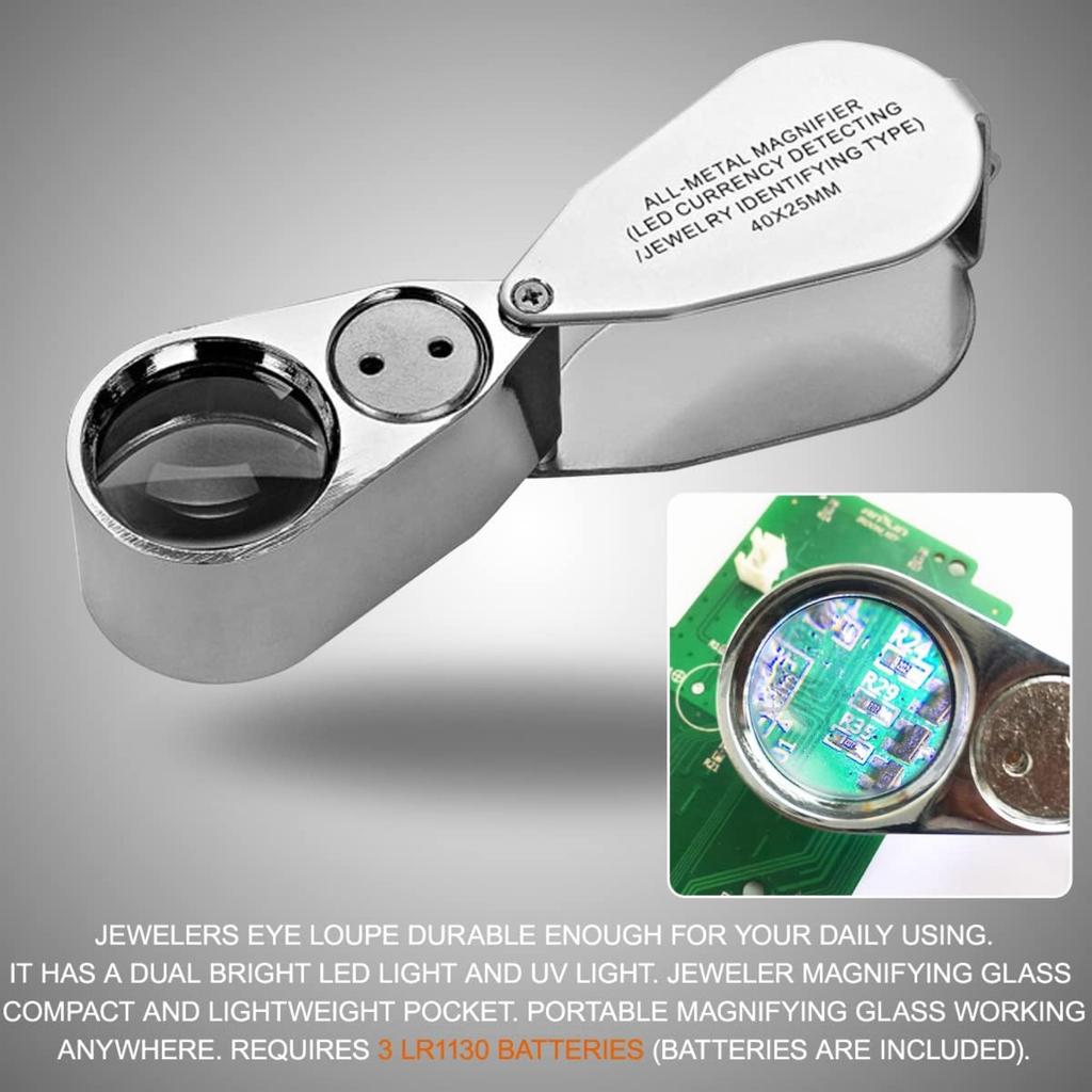 40x 25mm Jeweller Magnifier Pocket Folding Magnifying Jewelry Eye Loupe with LED Light Illuminated LED Currency Detecting/Jewlers Identifying Type