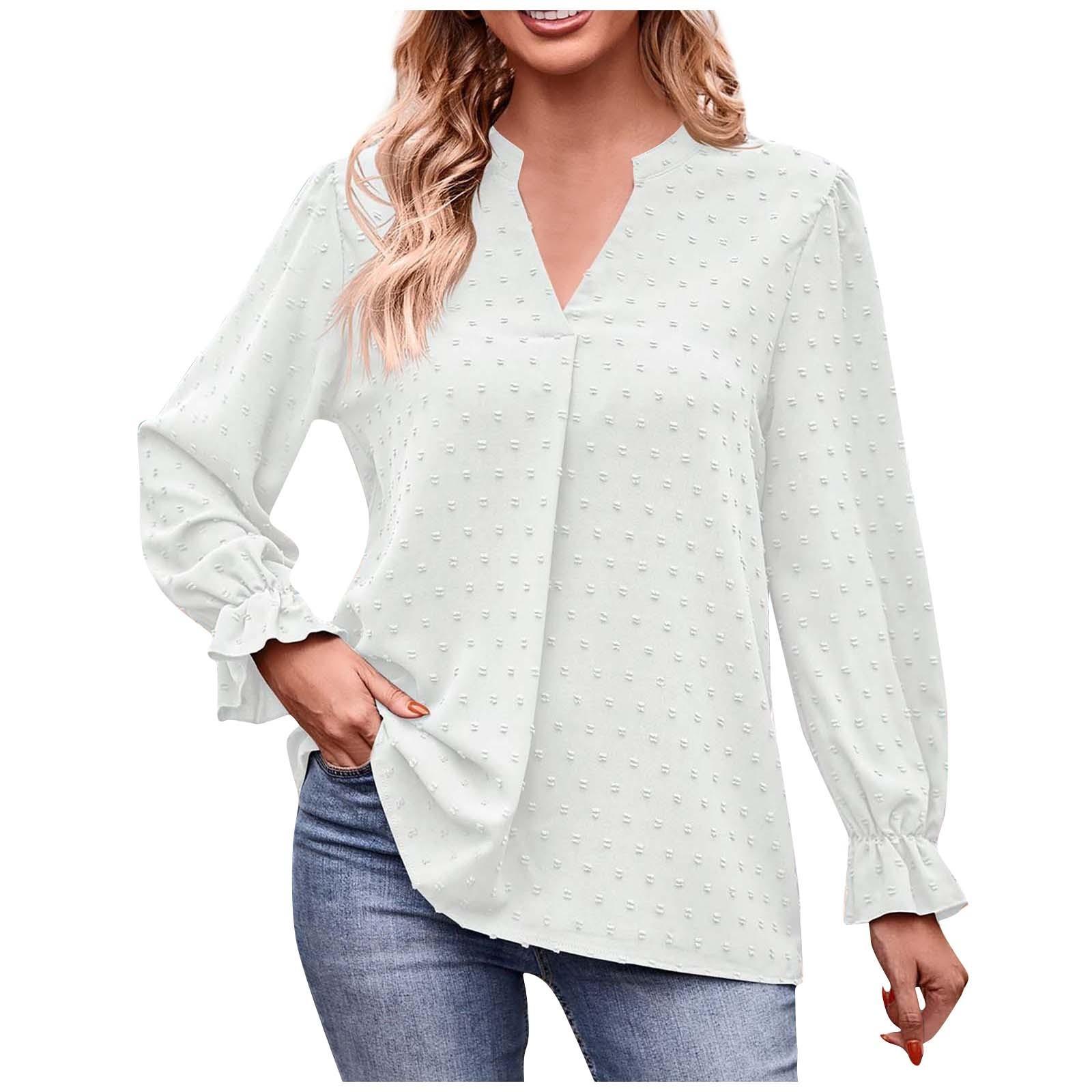 

Женская модная повседневная свободная однотонная футболка с v-образным вырезом и рюшами с длинным рукавом XL белый