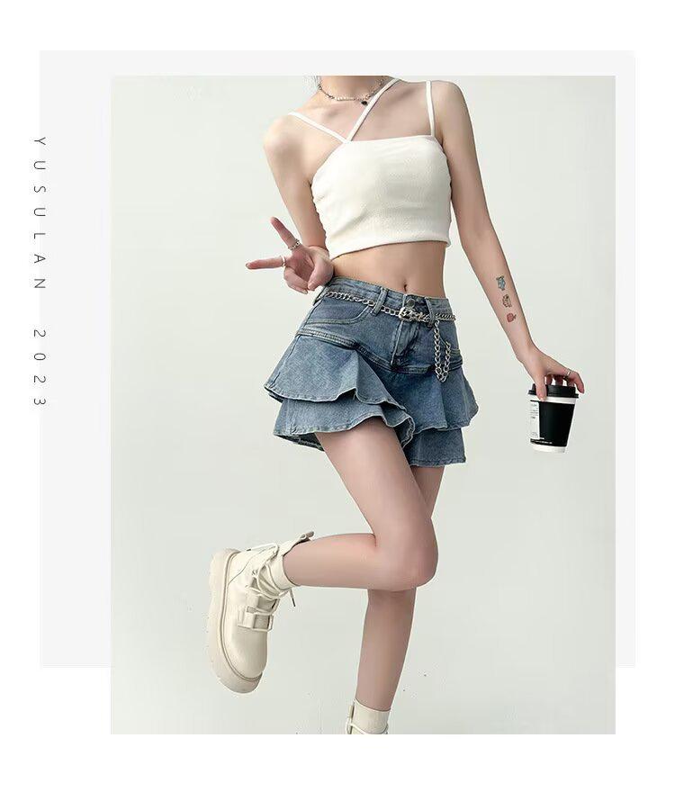 Women's High Waist Ruffle Denim Mini Skirt - Summer A-line Bodycon Fishtail
