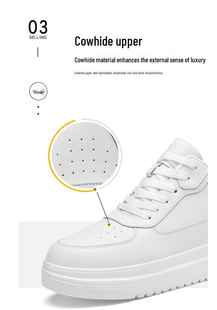 Men's Fashion Casual White Cowhide Sneakers with Invisible Height Boost (6CM and 8CM Options)