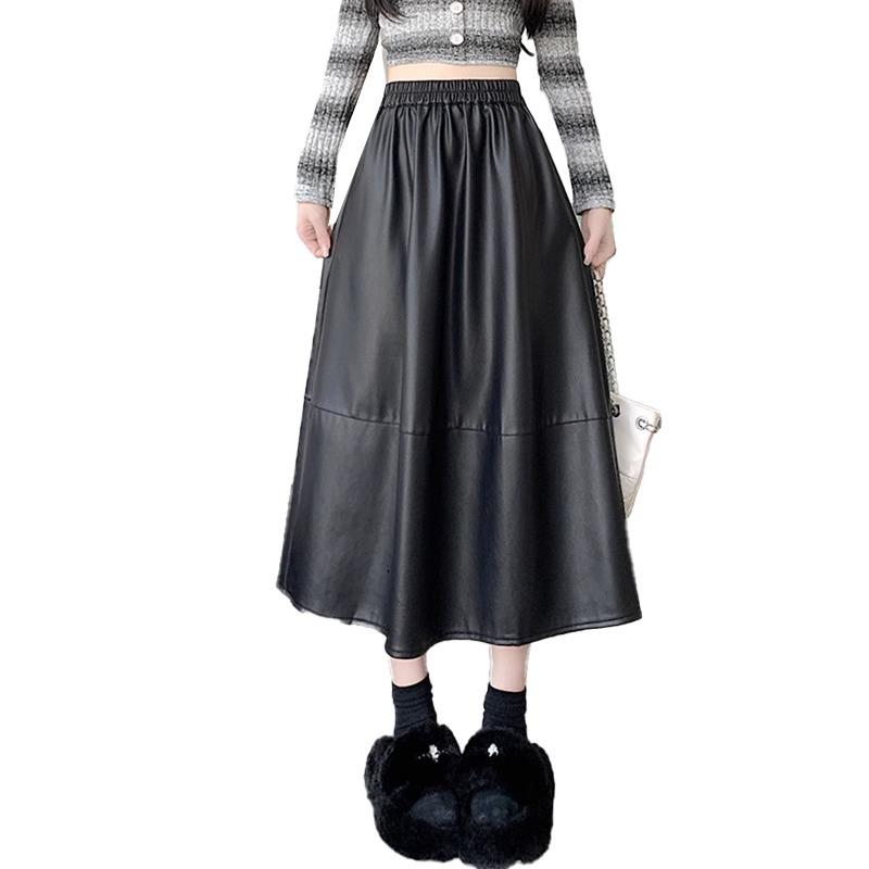 2024 Autumn/Winter PU Leather Mid-Length Skirt: Versatile Fashion Umbrella Design with Elastic Waist.