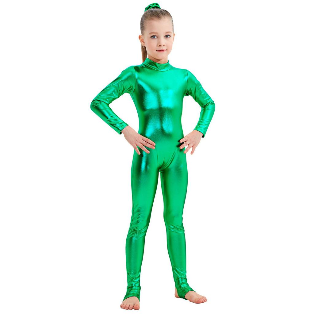 Copii Strălucitor Metalic O Bucată Mânecă Lungă Corp Întreg Gimnastică Balet Dans Leotard Salopetă Fete Elastic Unitard Îmbrăcăminte de Dans