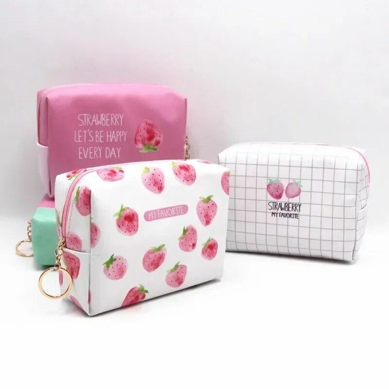 PU Waterproof Cosmetic Bag Creative Pink Strawberry Series Large Capacity Portable Toiletry Bag Travel Storage Bag Makeup Pouch