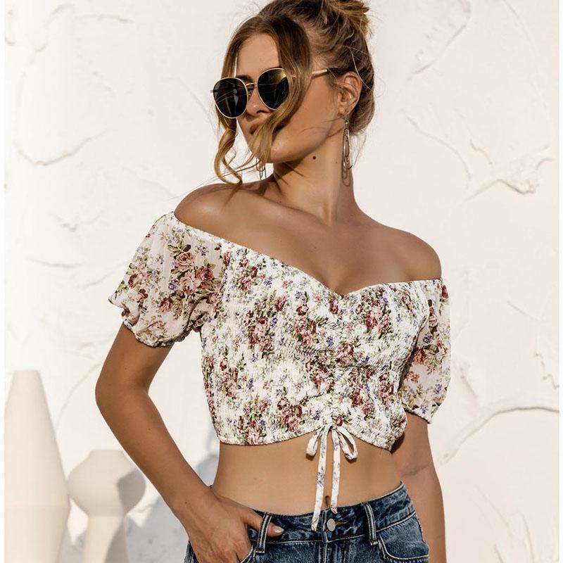 Summer Women Sexy Floral Print Crop Top Slim Backless Short Sleeve T-shirt